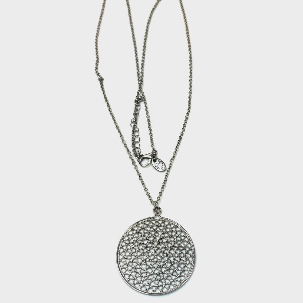 CHARMING CHARLIE Necklace Silver Tone 33" Long Filigree Circle Pendant 1.75"